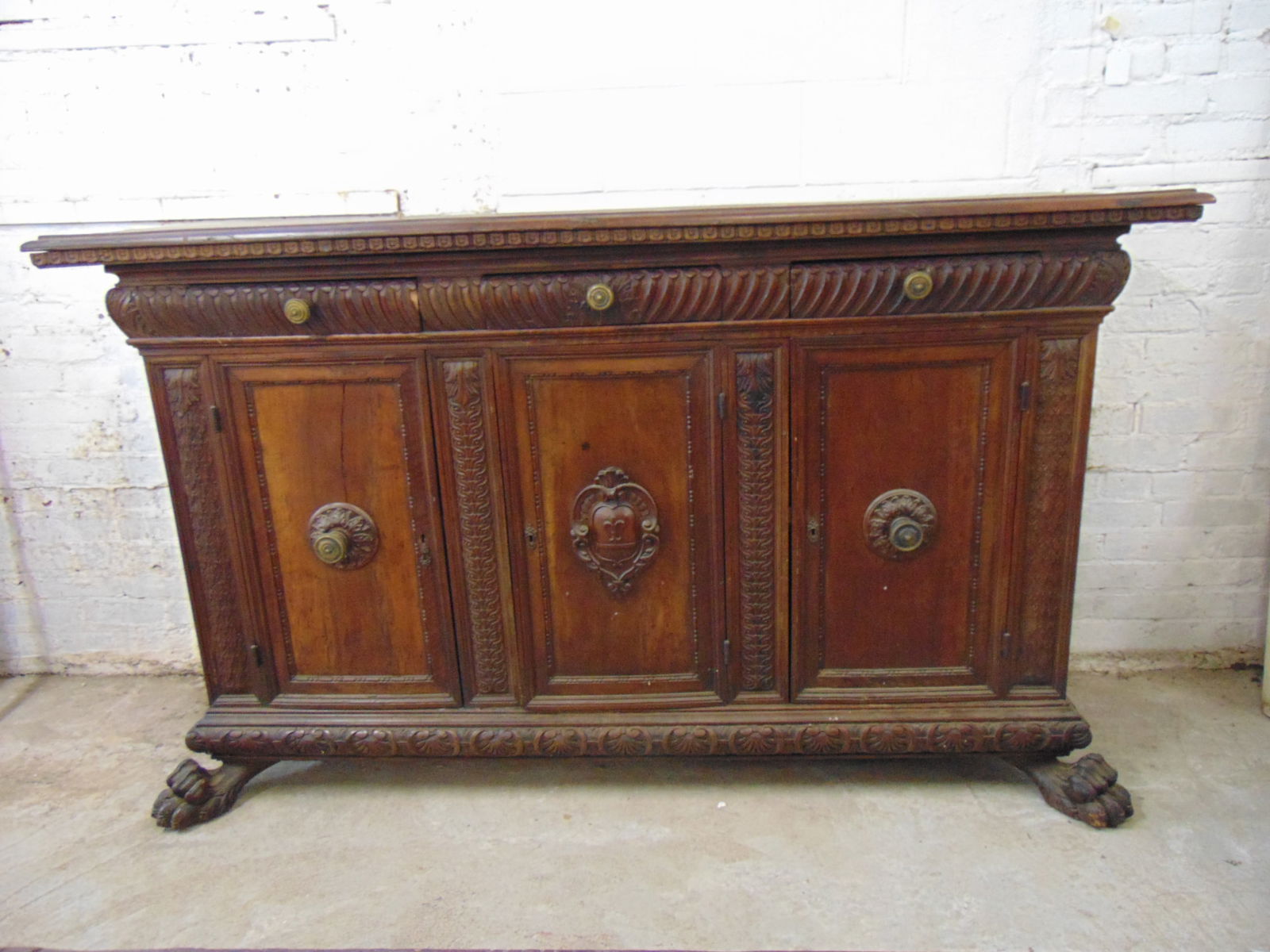 Antique continental sideboard, carved claw feet, 3 drawers over three doors, side doors locked, (1 of 7)