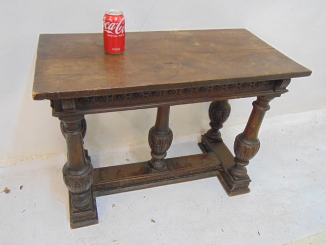 Antique side table with carved skirt, table is 32" by 16.25", height is 23.75": Antique side table with carved skirt, table is 32" by 16.25", height is 23.75"