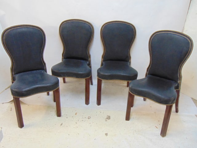 Set of 4 black leather side chairs with hobnail edging, mahogany legs, seat height is 19.5" (1 of 4)