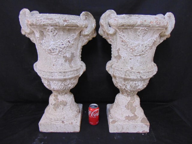 Pair glazed terra cotta planters with lion head decoration, painted white, planters are 26.5" tall (1 of 5)