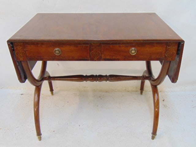 2 drawer sofa table with drop leaf sides, in mahogany with brass inlay, table is 35" wide (55.5" (1 of 6)