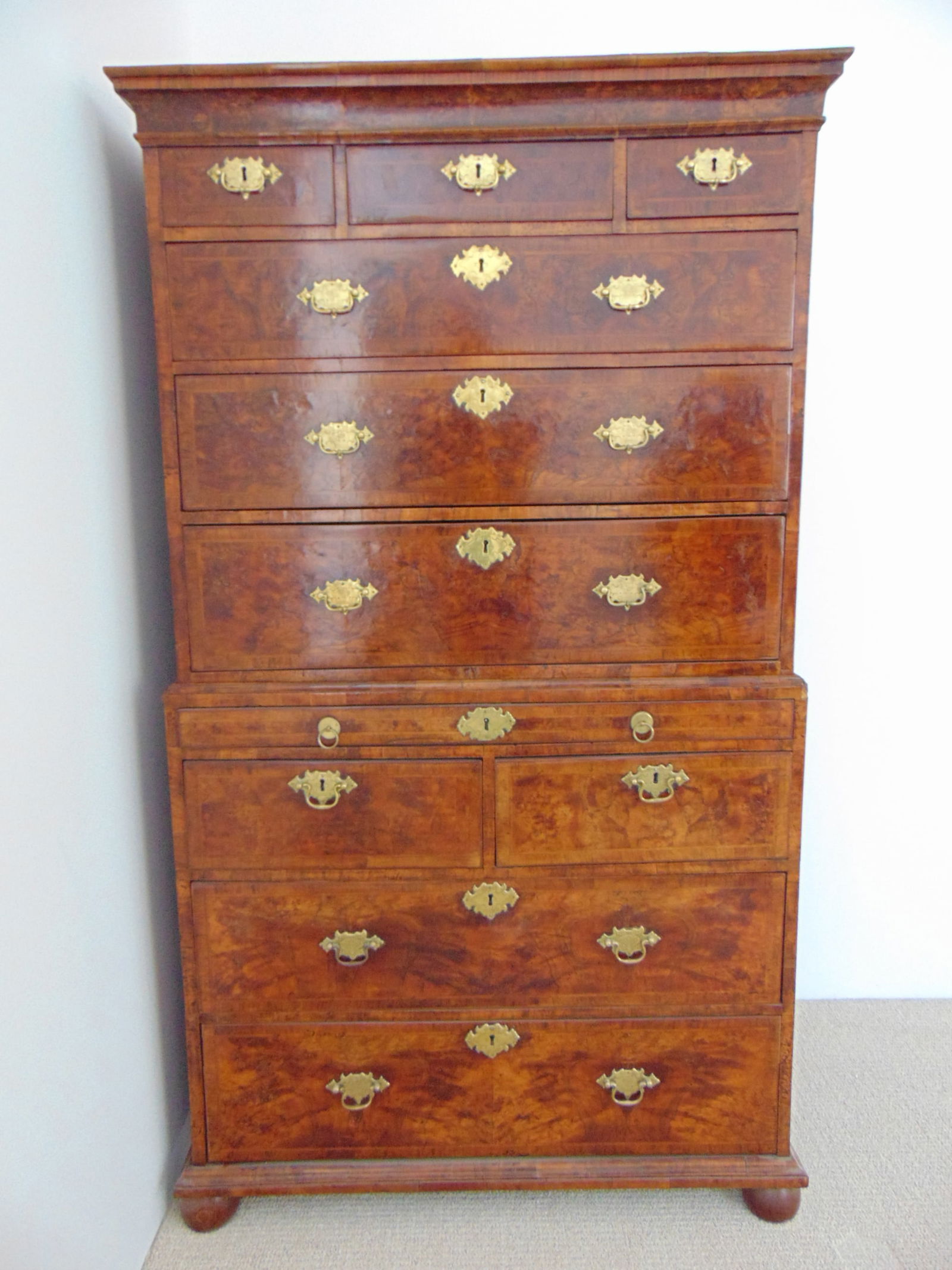 George III burl walnut veneer tall chest on chest, mid to late 18th Century, 72" tall 39" wide, 24" (1 of 5)