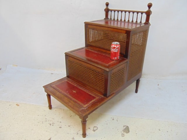 English mahogany library step with leather steps & caned sides & back, has sliding drawer as well, (1 of 6)