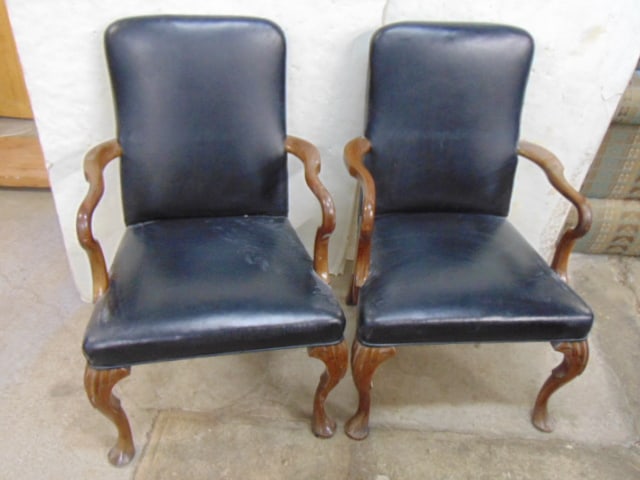 Pair custom black leather arm chairs with wood frames, seat height is 19.5" (1 of 4)