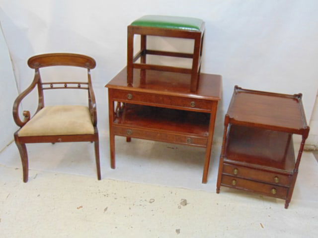 Furniture lot, antique arm chair, Mahogany two drawer stand, stool & 2 drawer English Plum Pudding (1 of 7)