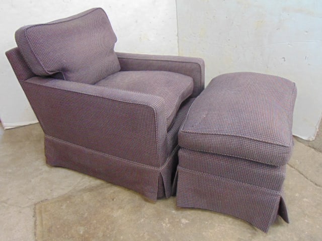 Upholstered arm chair with ottoman, grey upholstery, chair is 29.25" wide, seat height is 20",: Upholstered arm chair with ottoman, grey upholstery, chair is 29.25" wide, seat height is 20", clean.