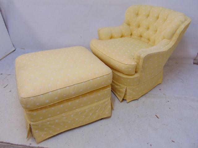Yellow upholstered arm chair & matching ottoman, tufted back: Yellow upholstered arm chair & matching ottoman, tufted back