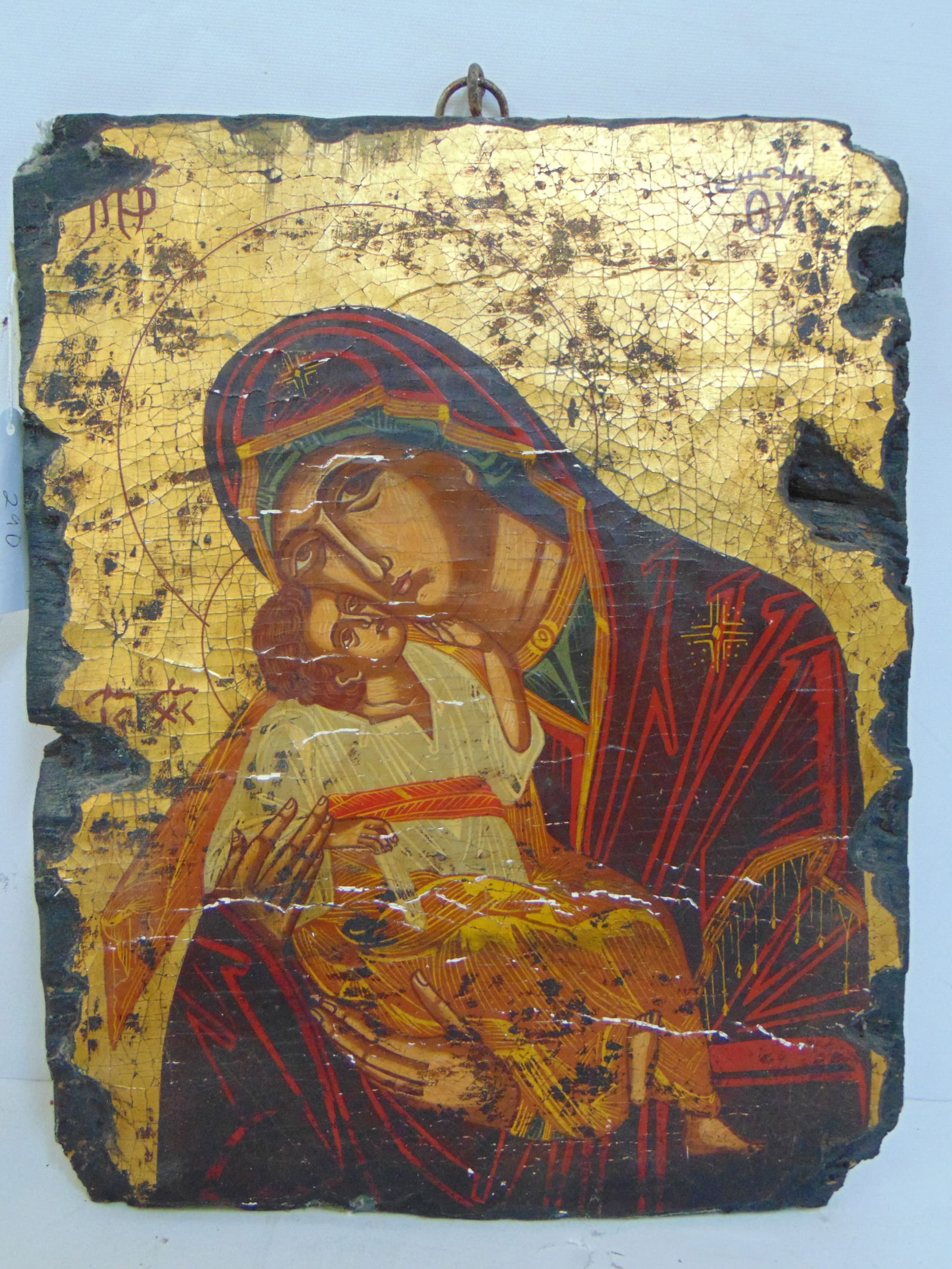 Early religious icon, Madonna & child, polychrome & gilt, panel is 15.25" by 12" (1 of 7)