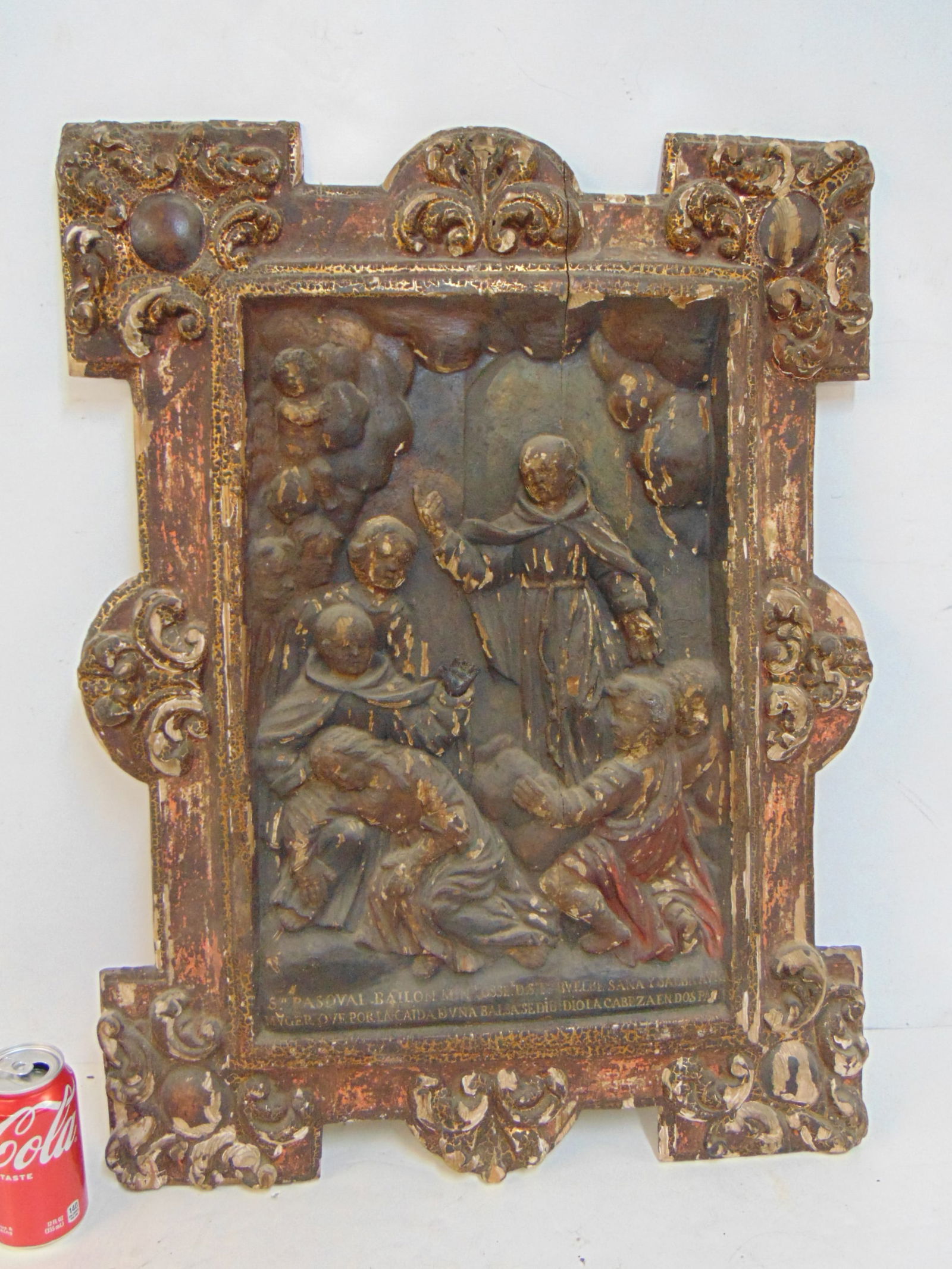 Early carved wood religious panel, "San Pasqual Bailon", with carved detail & text on bottom, panel (1 of 9)