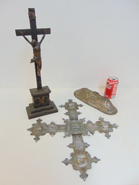 Iron crucifix & brass, silver plated cross, cross is in pieces, crucifix is 17.5" tall, cross is in (1 of 7)