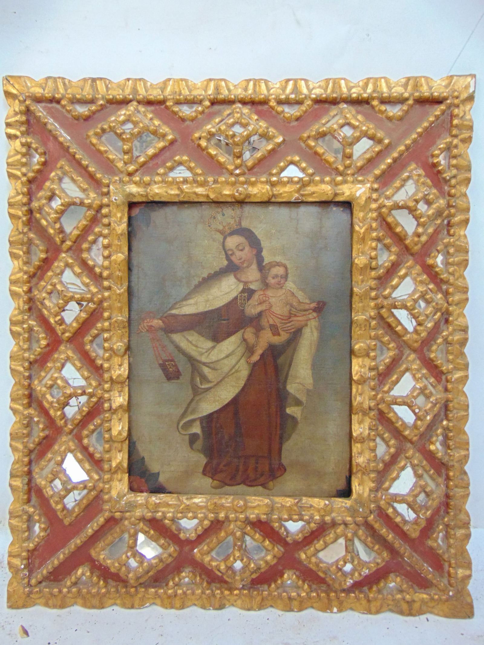 Painting, Madonna & child, in paint decorated gilt trimmed frame with small mirrors, canvas is 14" (1 of 6)