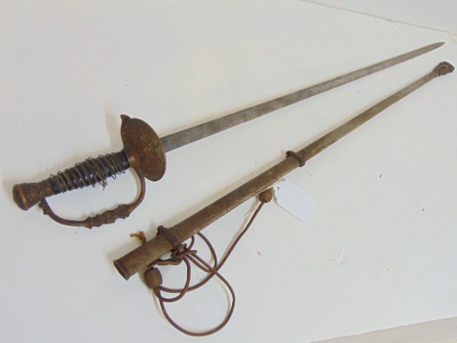 Civil war sword, Clauberg, Solingen, with scabbard, 36.5" long, bindings around handle are loose: Civil war sword, Clauberg, Solingen, with scabbard, 36.5" long, bindings around handle are loose