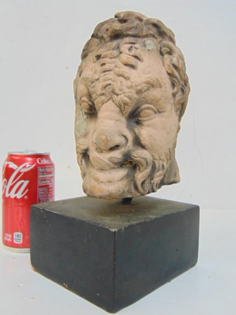 Carved head, plaster with terracotta patina, unsure about age, height excluding base is 6.5" (1 of 4)