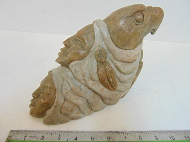 Native American stone carving by Lori Laforme Thomas, eagle & Indian heads, 9.5" long. height is 7" (1 of 4)