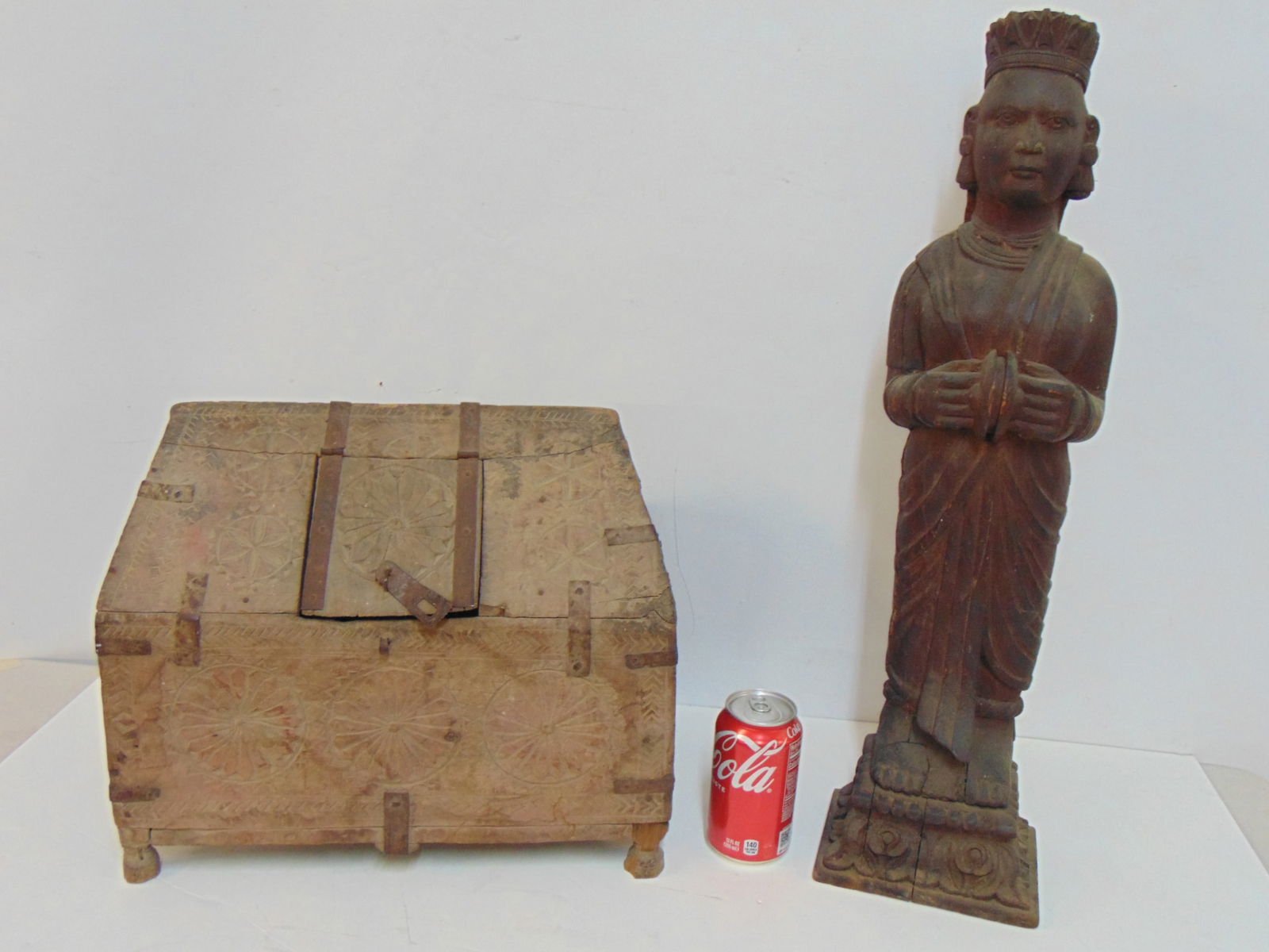 Early carved wood figure & box, figure with crown is 24.75" tall, box decorated with various (1 of 8)