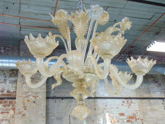 Venetian candle fixture, chandelier, with leaf & daffodil inserts, has 6 arms, some chips, center: Venetian candle fixture, chandelier, with leaf & daffodil inserts, has 6 arms, some chips, center column has small chip at base (not visible when set up, missing one hanging leaf, but has one extra da