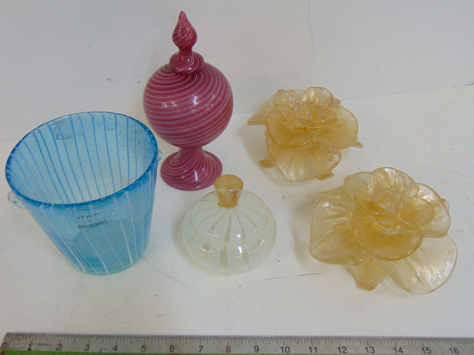 5 pieces Murano, Venini art glass, Venini blue glass vase for Disaronno, 5.25" diameter, height 5"; (1 of 9)