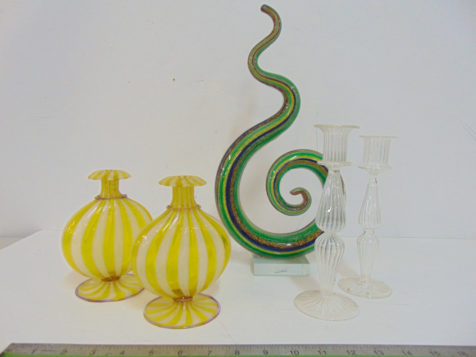 Art glass lot, Murano sculpture, pair Murano yellow & white swirl vases & pair clear glass: Art glass lot, Murano sculpture, pair Murano yellow & white swirl vases & pair clear glass candleholders, sculpture is 15" tall, clear sticks are 7 7/8" & 8 3/8" tall, pair vases are 6" tall, all in g