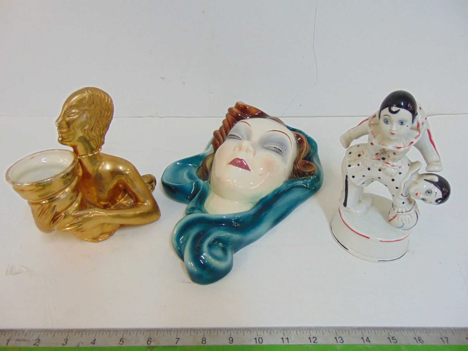 Art Deco lot, gilt ceramic shaving cup, figural of two clowns playing & ceramic face by (1 of 9)