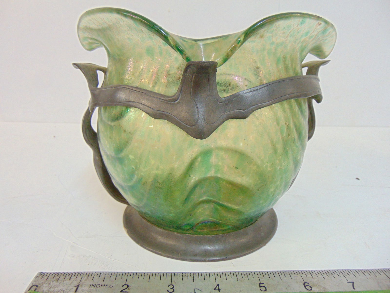 Loetz style green art glass vase in art nouveau style pewter mount, height is 6", top is 7" by 6" (1 of 4)