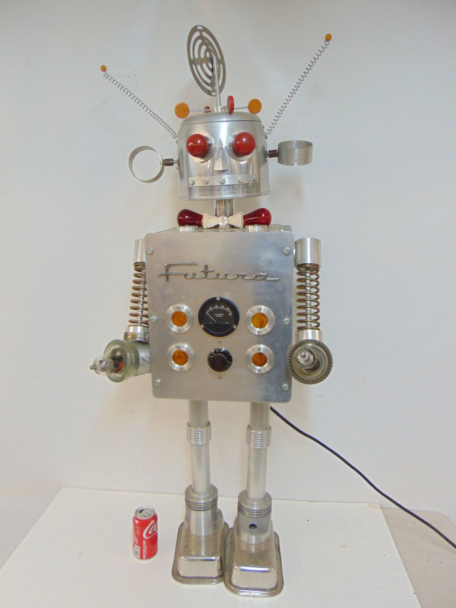 Gus Constantine robot sculpture "Futura", eyes light up, ears and antenna spin and voltmeter is (1 of 5)
