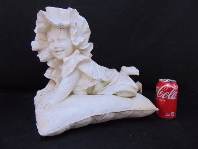 Carved marble statue, baby on pillow, unsigned, damage to leg, 16" by 11", height is 13.25": Carved marble statue, baby on pillow, unsigned, damage to leg, 16" by 11", height is 13.25"