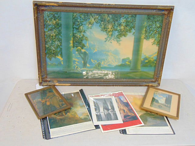 Maxfield Parrish lot "Daybreak", 17.5" by 29.25", plus various small prints, see images.: Maxfield Parrish lot "Daybreak", 17.5" by 29.25", plus various small prints, see images.