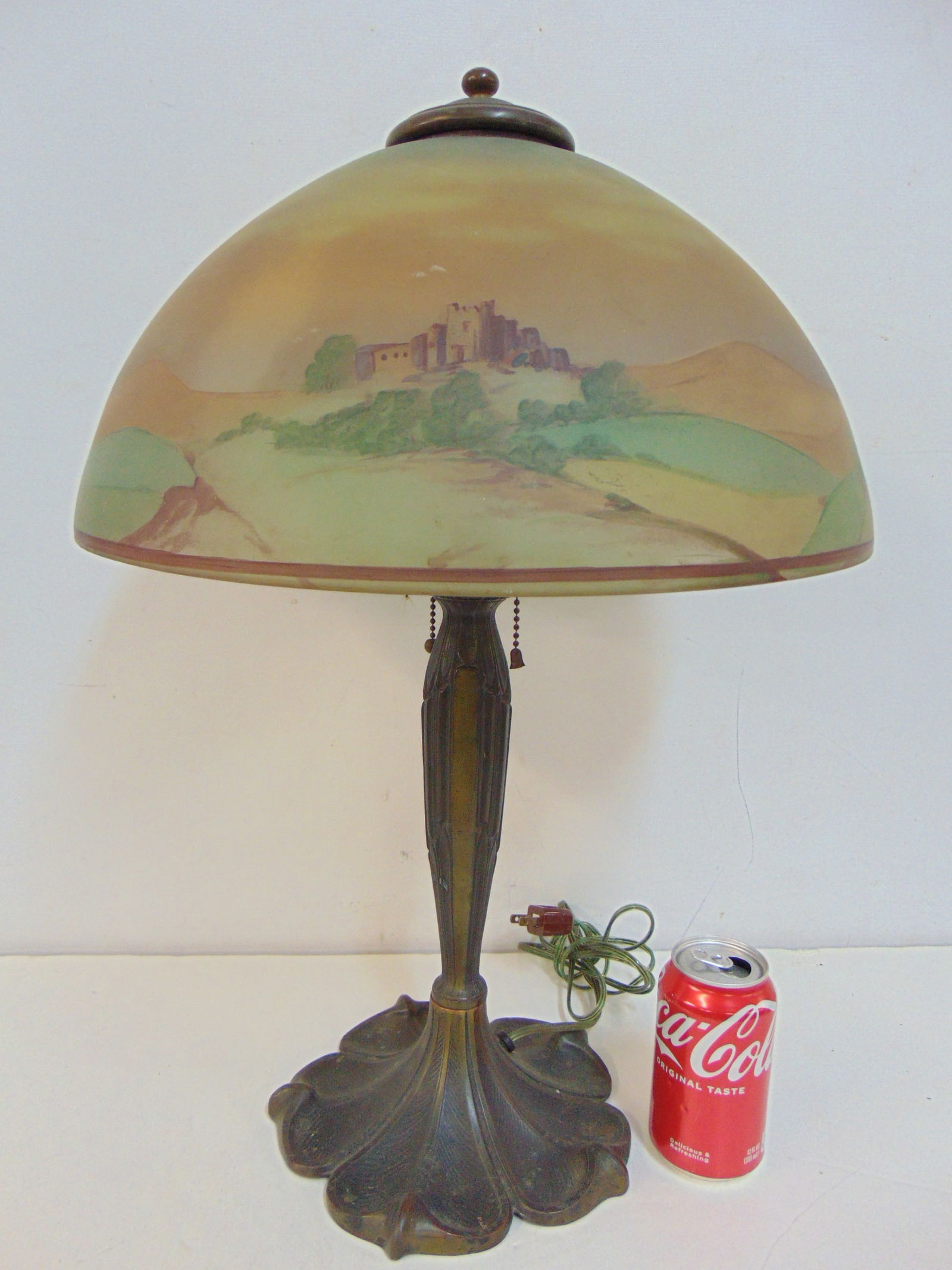 Table lamp with reverse painted glass shade, landscape scene, shade is 15.75" in diameter, height (1 of 7)
