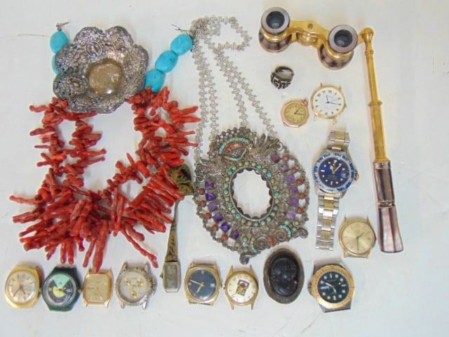 Jewelry. Collection of men's watches; "coral" necklace; frame with stones; small sterling dish; & (1 of 6)