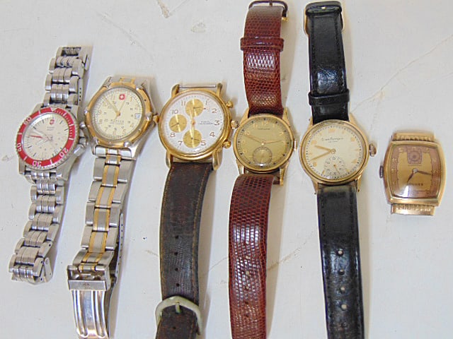 Jewelry. Collection of Vintage wristwatches to include Girard-Perregaux SEA-HAWK w/ subdial;: Jewelry. Collection of Vintage wristwatches to include Girard-Perregaux SEA-HAWK w/ subdial; Hamilton 10k gold filled w/ subdial; Swiss Army stainless; Wegner SAK design stainless; & Bernus face no ba