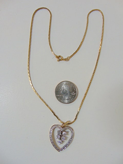 Jewelry. Diamond heart pendant/necklace, 14k w/ gold chain, 5 individual set four prong round (1 of 4)