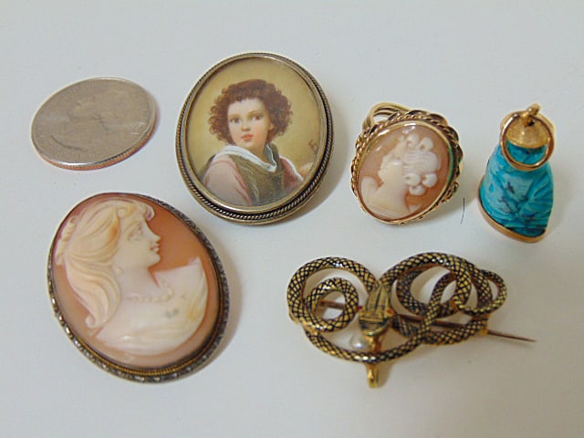 Jewelry. Five pc lot to include antique snake enamel pin w/ small pearl dated 1841 w/ inscription (1 of 6)