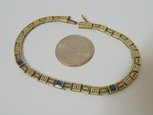 Jewelry. Art Deco bracelet 14kt white gold w/ three blue gemstones, 11.65 grams, 8" length, clasp (1 of 4)