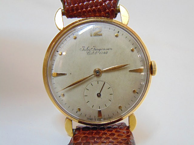Jewelry. Vintage 18kt wrist watch Jules Jurgensen w/ subdial, inscription "to George with love belle (1 of 4)