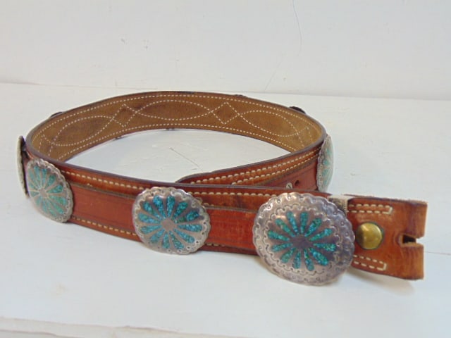 Jewelry. Men's belt buckle 10 individual inlaid conches decorated w/ stamp work & turquoise, brown (1 of 4)