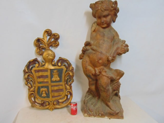 Carved wood & painted armorial shield & large paper Mache cherub, shield is 32" tall, cherub is 41": Carved wood & painted armorial shield & large paper Mache cherub, shield is 32" tall, cherub is 41" tall, is missing arm