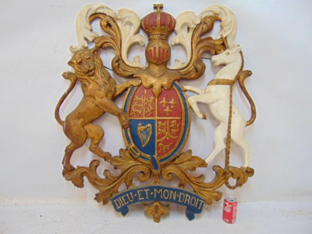 Large painted plaster coat of arms, armorial piece, 42.5" tall, 40" wide, unicorn & lion, "Dieu et (1 of 4)