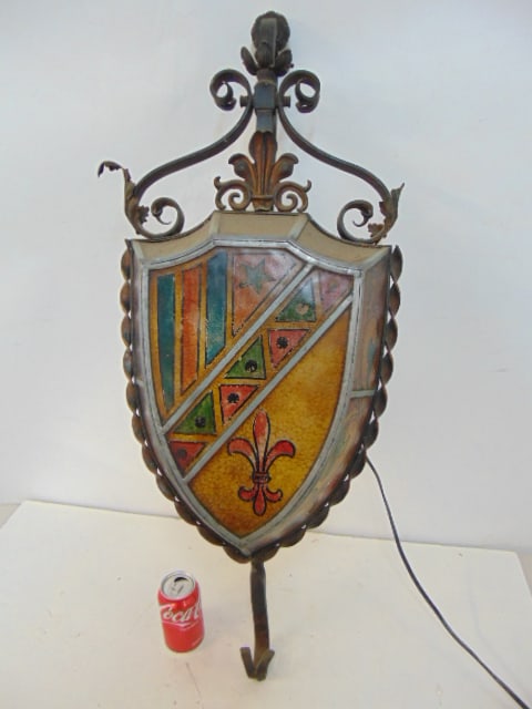 Wrought iron & glass armorial wall sconce, coat of arms on glass, sconce is 36" tall, 15" wide.: Wrought iron & glass armorial wall sconce, coat of arms on glass, sconce is 36" tall, 15" wide.