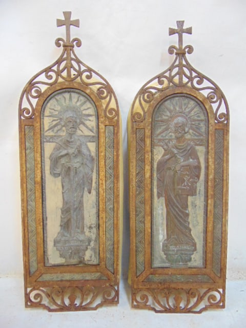Pair bronze iron & tole religious scenes with saints, copper relief with wrought iron edges on zinc (1 of 8)