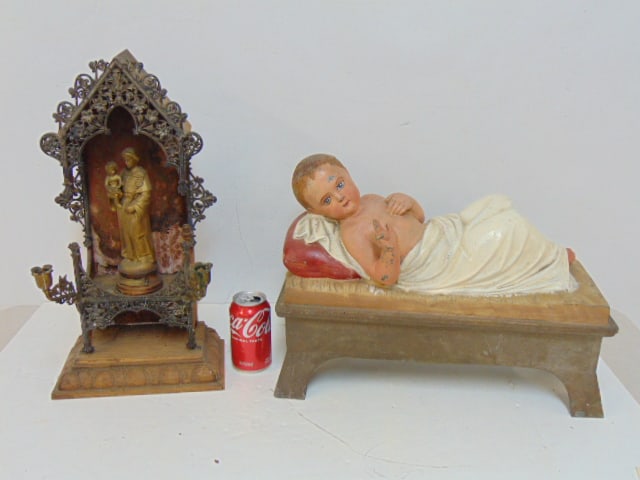 Religious shrine & painted zinc figure of a child, shrine with St. Anthony, candle holders & floral (1 of 7)