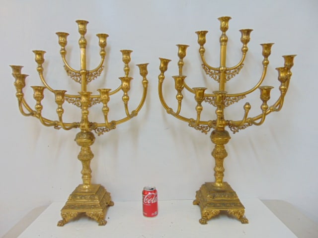 Pair large brass candelabra, 3 arms each, with 13 candle cups, one cup missing, height is 32.5" (1 of 4)