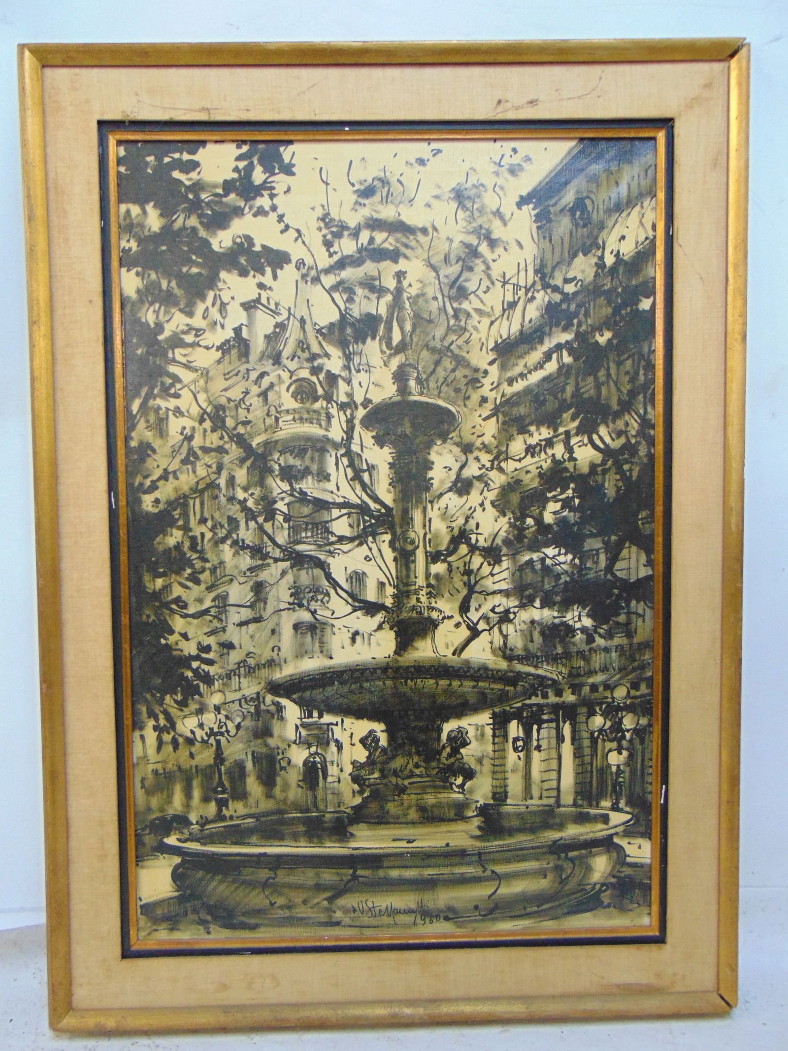 Painting, fountain in Paris, signed U. Staffanuti, oil on canvas, 36" by 24"; "Parigi" "Place de (1 of 6)