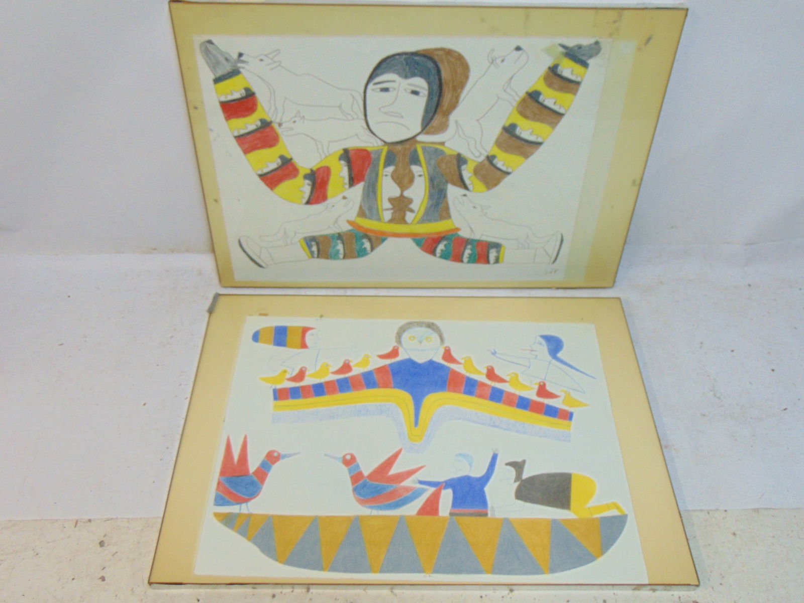 Pair of drawings, Inuit subject, by Simon Tookoome, on paper, Inuit figures with various animals, (1 of 7)