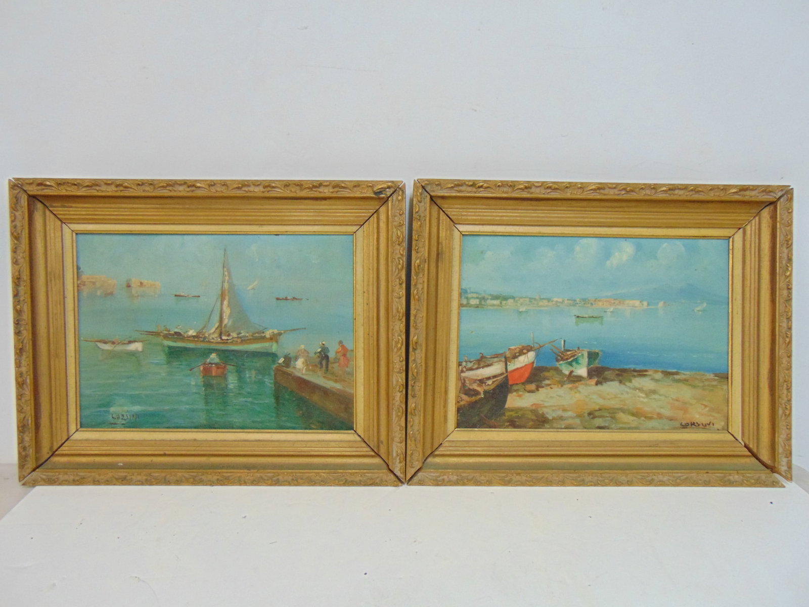 Pair paintings, Italian shore scenes with boats, signed Corsini, oil on board, each painting is: Pair paintings, Italian shore scenes with boats, signed Corsini, oil on board, each painting is 10.5" by 14.75" (sight)