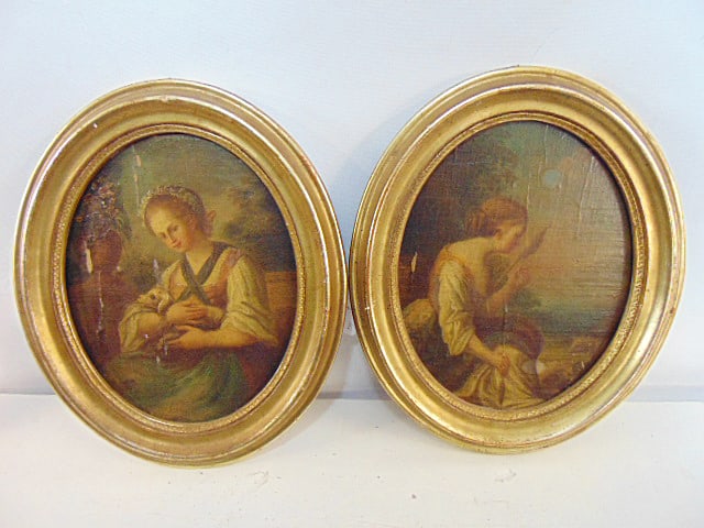 Pair paintings, portraits girls with puppy, bird, oil on canvas on panel, unsigned, 9.5" by 8" (1 of 7)