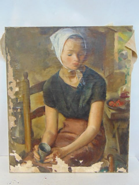Painting, portrait young girl with cap holding cup, unsigned, oil on canvas, has loss of paint along: Painting, portrait young girl with cap holding cup, unsigned, oil on canvas, has loss of paint along bottom and left margins, 36" by 30"