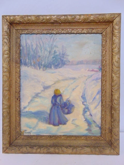 Painting, girl in winter landscape, signed illegibly (Deuvey???), oil on canvas, 20" by 16": Painting, girl in winter landscape, signed illegibly (Deuvey???), oil on canvas, 20" by 16"