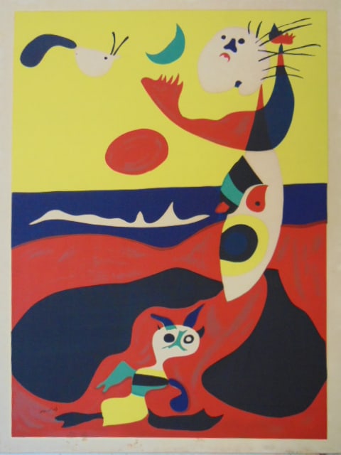 Joan Miro lithograph on board "Summer", from Larry Wiseman estate, some stains bottom margin, 26" by: Joan Miro lithograph on board "Summer", from Larry Wiseman estate, some stains bottom margin, 26" by 19.5"
