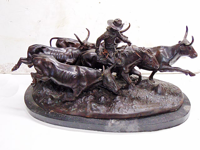 Frederic Remington bronze, "Stampede", on marble base, bronze is 27" long, 15" wide, 14.5" tall. (1 of 9)