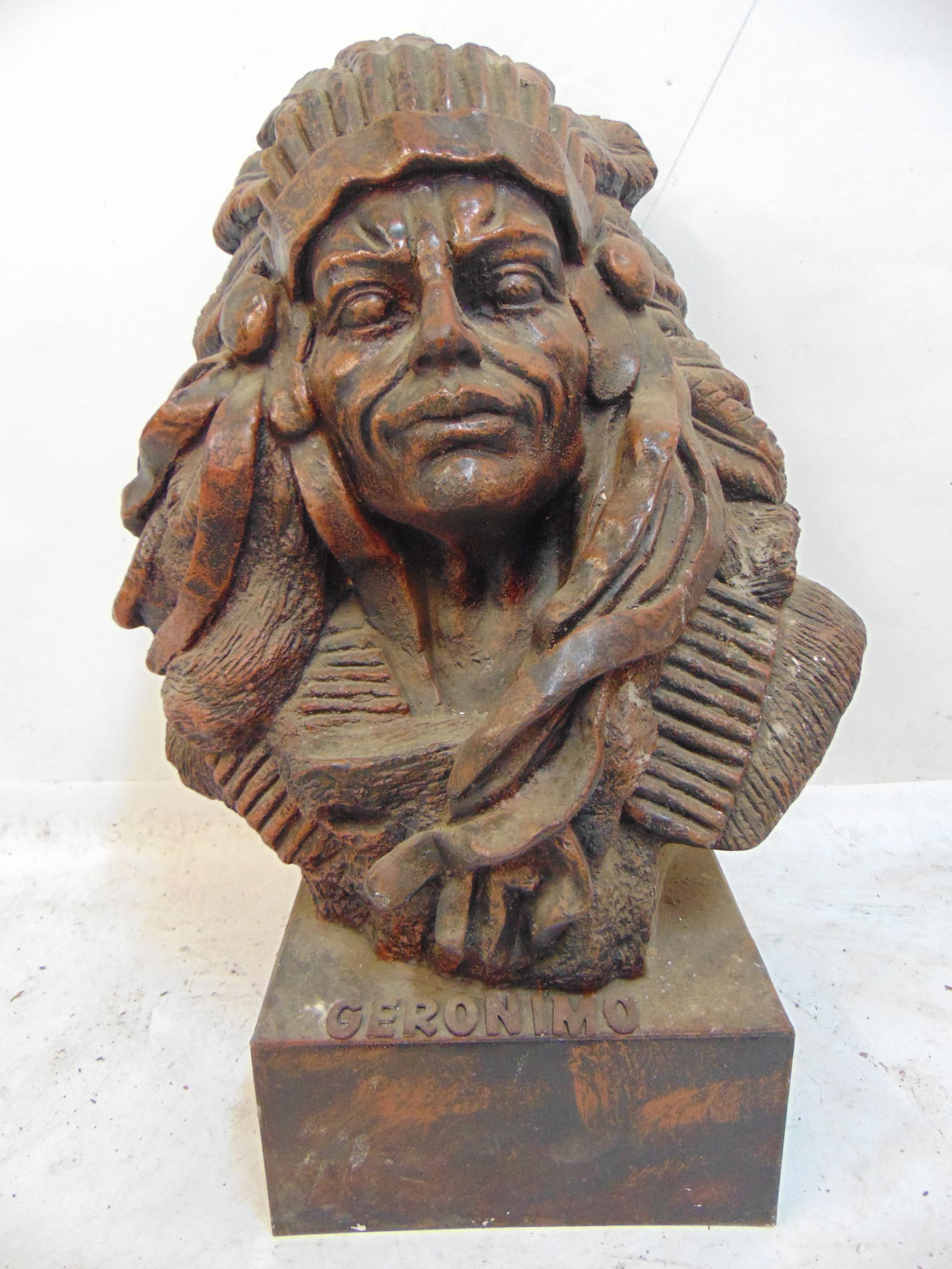 Cast iron bust of Geronimo, Native American, old red paint, height bust is 24.5". (1 of 5)